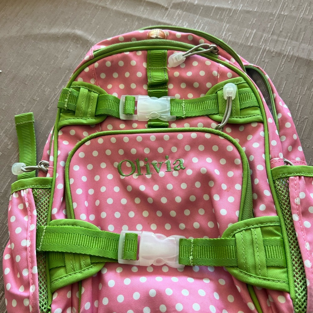 Pottery Barn Kids Pink and Green Polka Dot Backpack - Engraved: Olivia